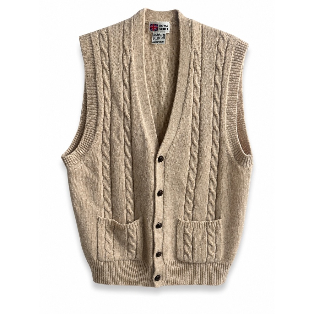 Royal Scott Vintage Wool Grandpa Cable Knit Fisherman Sweater Vest Beige Oatmeal